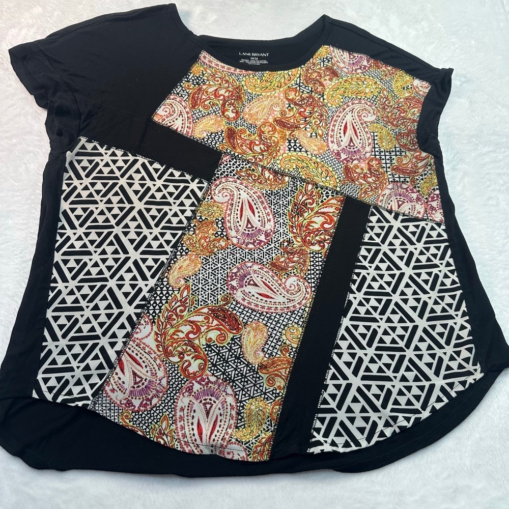 Lane Bryant Top Women 14/16 Black Paisley Geometric Mixed Media Short Sleeve Tee